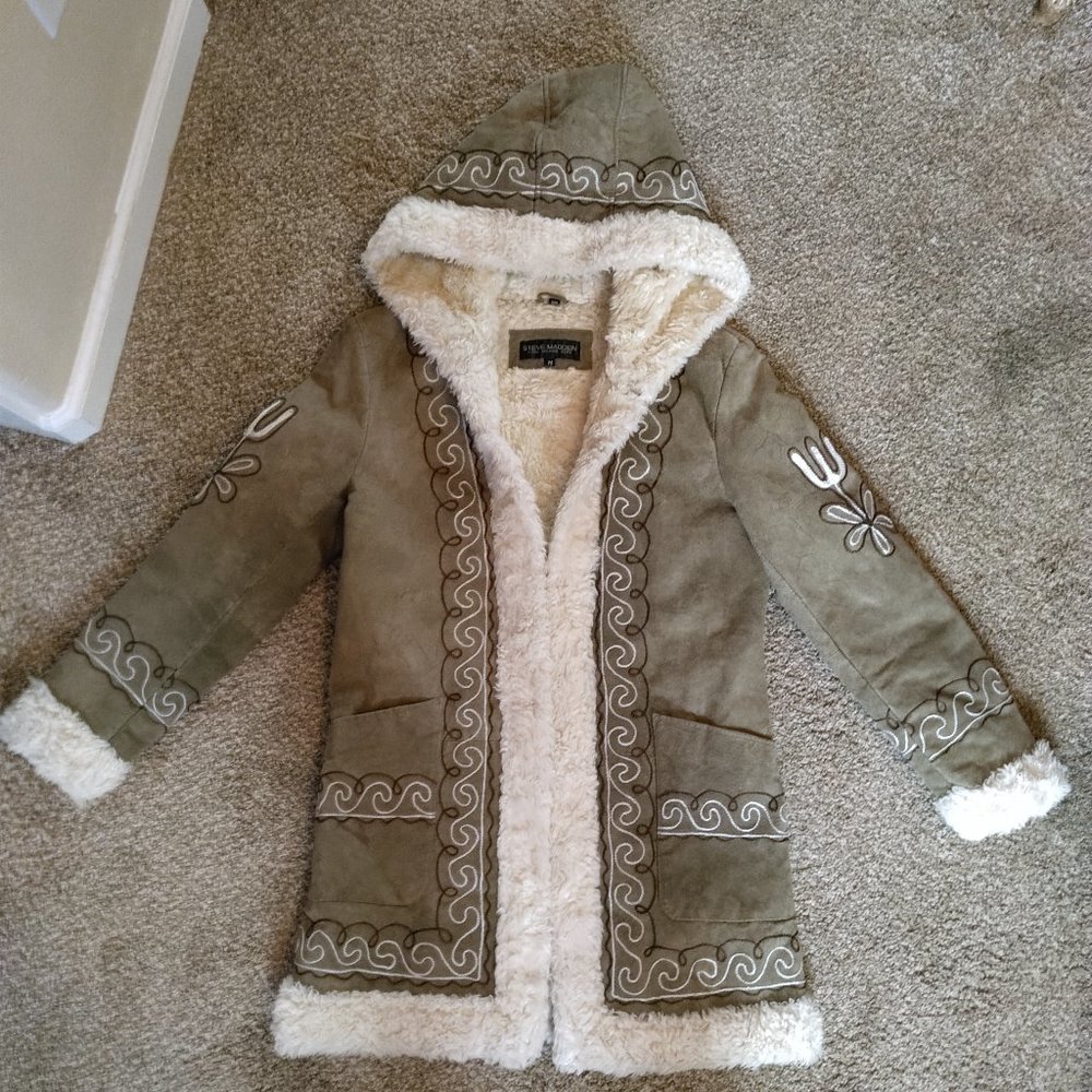 Steve Madden suede and leather Nordic coat with fake fur lining